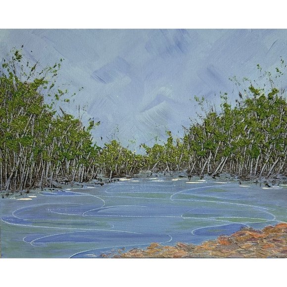 Nature Landscape Painting "A Pond Brings" Peace 8 x 10" Acrylic Paint On Canvas - Picture 1 of 5